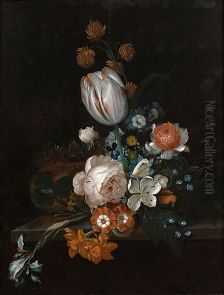 Bouquet De Fleurs Et Nid D'oiseau Sur Un Entablement Oil Painting by Coenraet (Conrad) Roepel