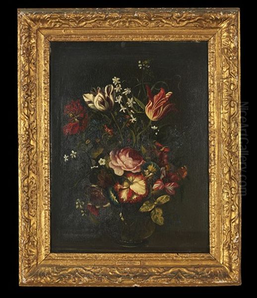 Still Life Of Flowers In A Glass Vase And A Butterfly Oil Painting by Coenraet (Conrad) Roepel