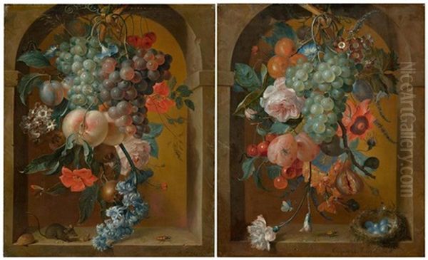 Pair Of Works: Still Life Of Flowers With A Mouse / Still Life Of Flowers With A Bird's Nest Oil Painting by Coenraet (Conrad) Roepel