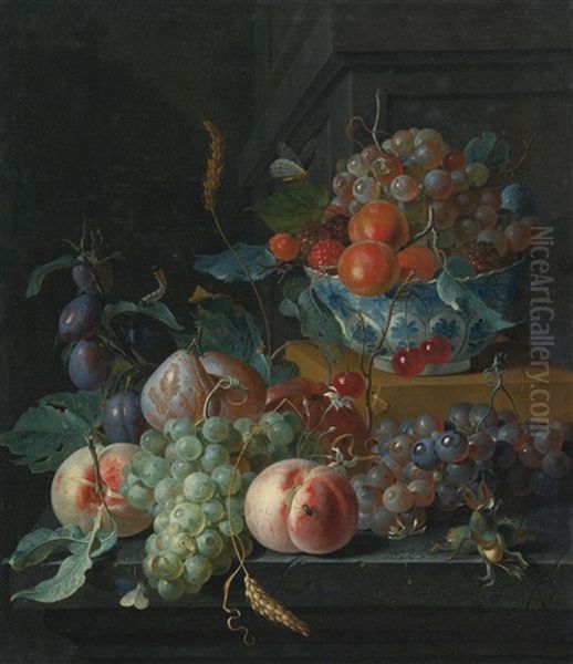 Still Life Of Fruit On A Ledge And In A Blue And White Porcelain Bowl Oil Painting by Coenraet (Conrad) Roepel