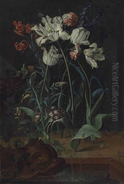 Parrot Tulips, Carnations, Turk-cap Lilies And Other Flowers With A Snail, A Frog And Insects By A Fountain With A Sculpted Dolphin Oil Painting by Coenraet (Conrad) Roepel