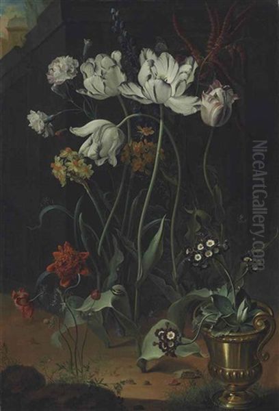 Parrot Tulips, Narcissi, Carnations And Other Flowers, With Primroses In A Bronze Urn Oil Painting by Coenraet (Conrad) Roepel