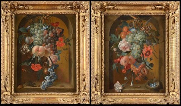 Chute De Fleurs Et De Fruits Dans Une Niche A La Souris Et Au Scarabee Et Chute De Fleurs Et De Fruits Dans Une Niche Au Nid (2 Works) Oil Painting by Coenraet (Conrad) Roepel