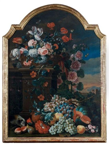 Nature Morte De Fleurs Et De Fruits Dans Un Paysage Oil Painting by Coenraet (Conrad) Roepel