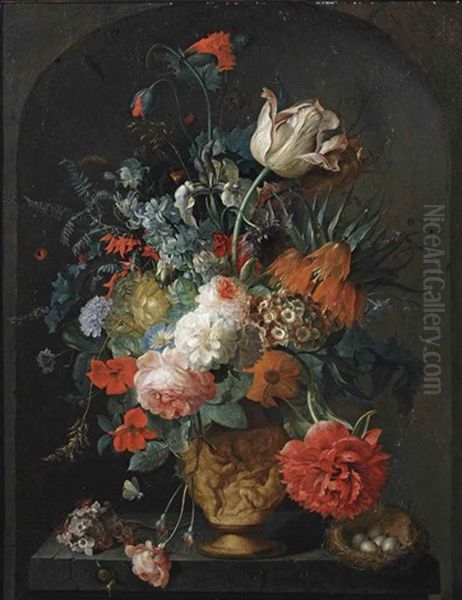 Roses, Tulips, Anemones, Irises, Ranunculus, A Larkspur, A Hyacinth, Auricula, A Peony, A Crown Imperial Lily And Other Flowers In A Sculpted Vase, With A Snail And A Bird's Nest On A Pedestal In A Stone Niche Oil Painting by Coenraet (Conrad) Roepel