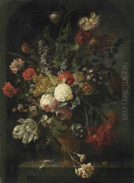 Violets, Pink And White Roses, Carnations, Tulips, Blue Morning Glory, A Peony, A Hyacinth And Various Other Flowers In A Vase, On A Stone Ledge With A Pupa And A Snail Oil Painting by Coenraet (Conrad) Roepel