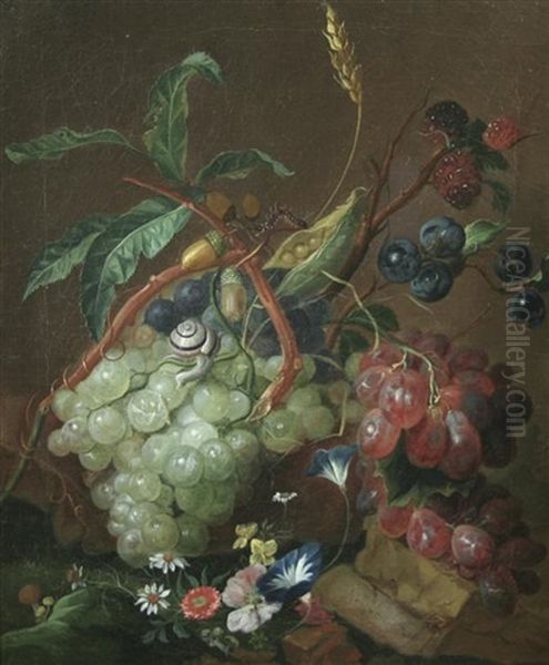 Still Life Of Grapes, Wheat, Acorns, Flowers And A Snail Oil Painting by Coenraet (Conrad) Roepel