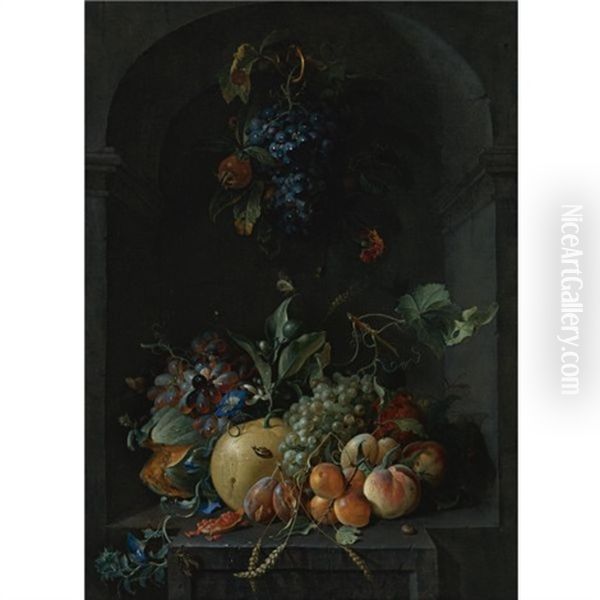 Still Life Of Grapes, Melons, Peaches, Plums And Other Fruit With Morning Glory And Shafts Of Wheat In A Stone Niche, With A Bunch Of Grapes And Medlars Hanging Above Oil Painting by Coenraet (Conrad) Roepel