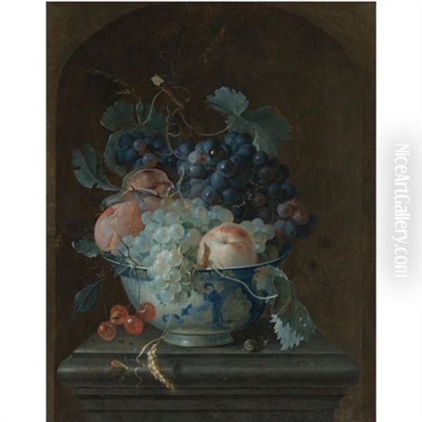 Still Life With Grapes, Cherries, Peaches And A Fig In A Porcelain Bowl Resting On A Ledge Before A Stone Niche Oil Painting by Coenraet (Conrad) Roepel