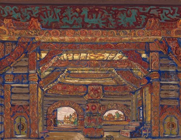 The Palace Of Tsar Berendey (set Design For Snegurochka) Oil Painting by Nikolai Konstantinovich Roerich