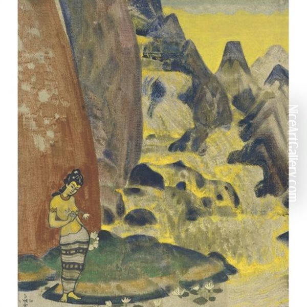 The Song Of The Waterfall (sketch For The Decorative Panel From The Dreams Of Wisdom Suite) Oil Painting by Nikolai Konstantinovich Roerich