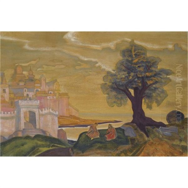 Ledenets Town, Set Design For Rimsky-korsakov's Opera The Tale Of Tsar Saltan Oil Painting by Nikolai Konstantinovich Roerich