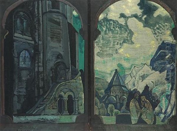 Stage Design For Tristan And Isolde (diptych) Oil Painting by Nikolai Konstantinovich Roerich