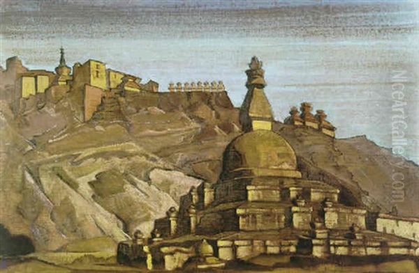 Temple And Hillside Fort, Tibet Oil Painting by Nikolai Konstantinovich Roerich