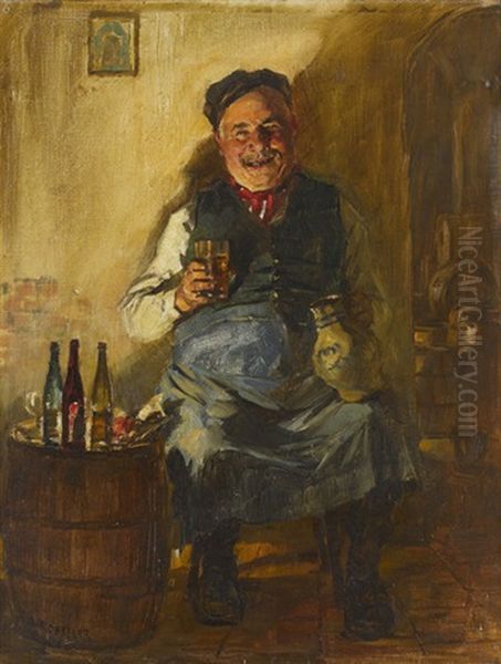 Weinkeller Mit Trinkendem Winzer Oil Painting by August Roeseler