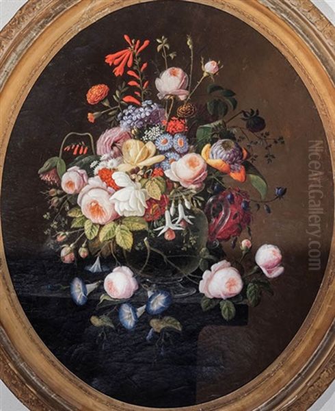 Still Life Of Flowers In A Glass Vase On A Marble Ledge Oil Painting by Severin Roesen