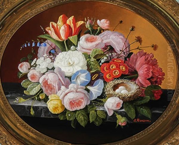 Table Top Still Life With Flowers And Bird's Nest With Eggs by Severin Roesen