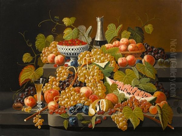 Fruit And Champagne On Double Tier Oil Painting by Severin Roesen