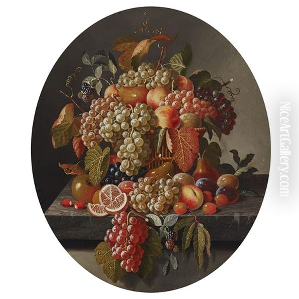 Grapes, Oranges, Pears And Plums, Apples And Berries In A Basket On A Marbleized Ledge Oil Painting by Severin Roesen