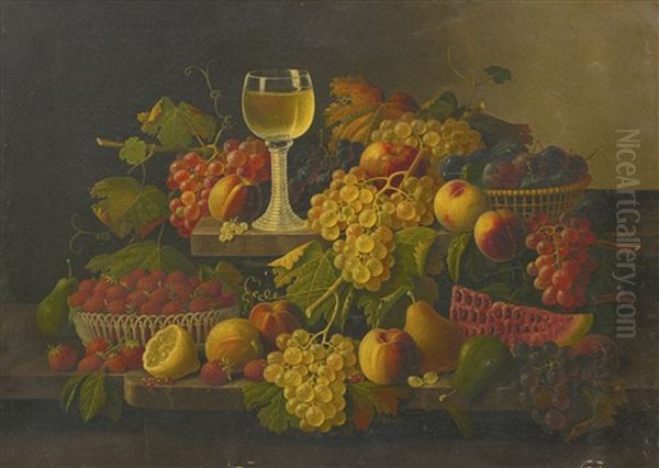 Still Life With Fruit And A Glass Of Wine On A Ledge Oil Painting by Severin Roesen