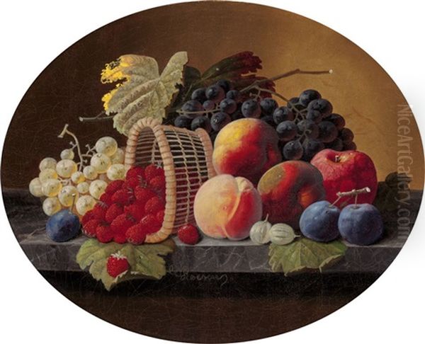 Still Life With Peaches, Grapes And Basket Of Strawberries Oil Painting by Severin Roesen