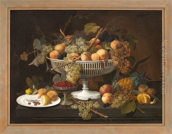 Opulent Still Life Of A White Compote Overflowing With Fruit Oil Painting by Severin Roesen