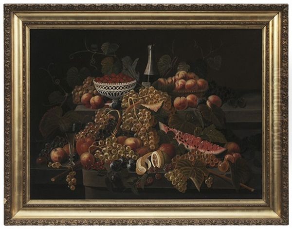 Still Life With Fruit And A Champagne Bottle Oil Painting by Severin Roesen