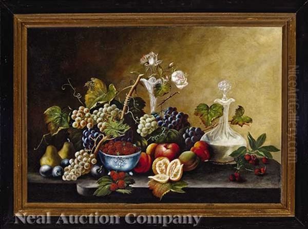 A Painted Porcelain Bowl And Two Crystal Vessels With Grapes, Pears, Plums, Strawberries, Peaches And Cherries, And An Apple And Orange Oil Painting by Severin Roesen