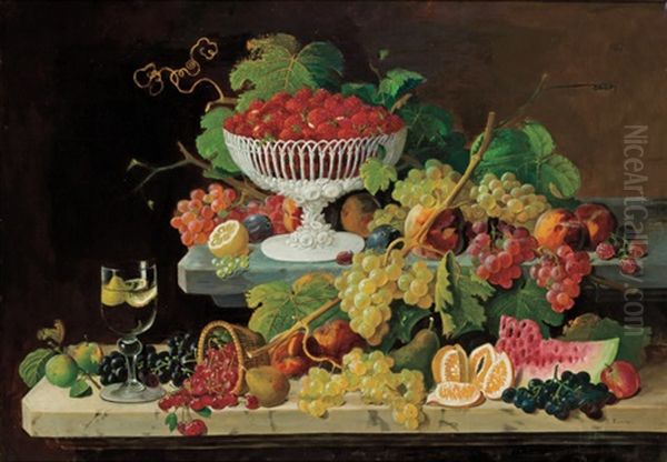 Still Life With Fruit On A Marbletop Oil Painting by Severin Roesen