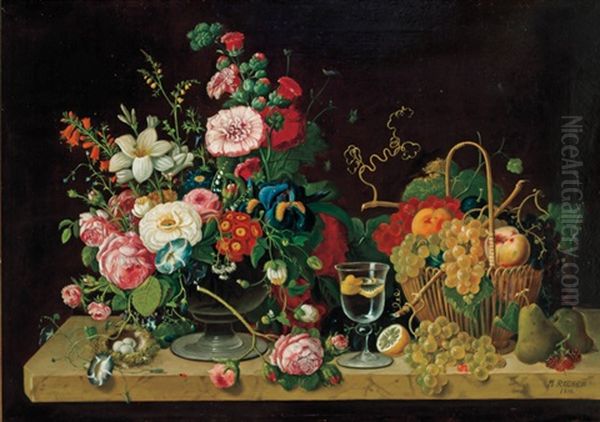 Flowers And Fruit On A Marbletop Oil Painting by Severin Roesen