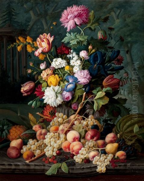 Still Life With Fruit And Flowers In A Landscape Oil Painting by Severin Roesen