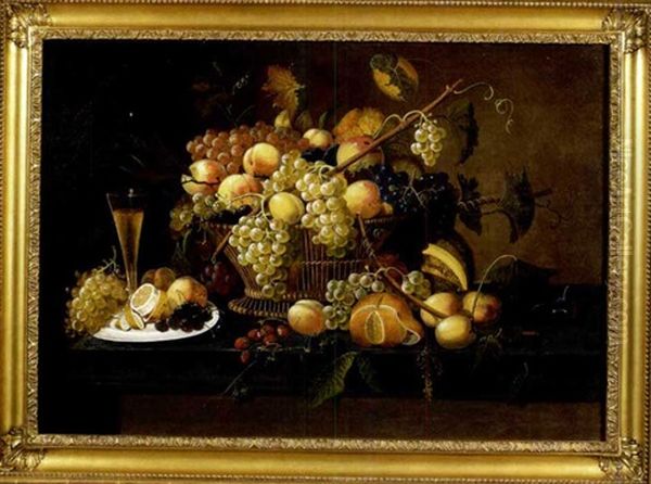 Still-life Of Fruit, Basket And Glass Of Wine Oil Painting by Severin Roesen