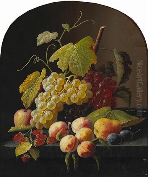 A Still Life With Grapes, Peaches And Other Fruit On A Ledge (collab. W/studio) Oil Painting by Severin Roesen