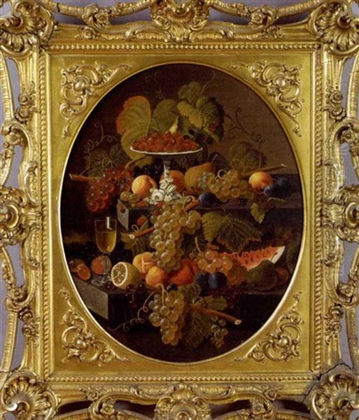 Still-life Of Fruits And Grapes In An Elaborately Tiered Arrangement Oil Painting by Severin Roesen