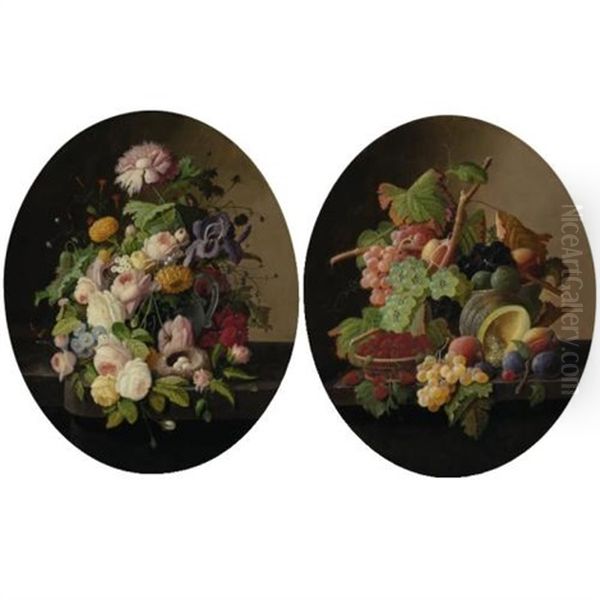 Flowers And Fruit (pair Of Still Lifes) Oil Painting by Severin Roesen