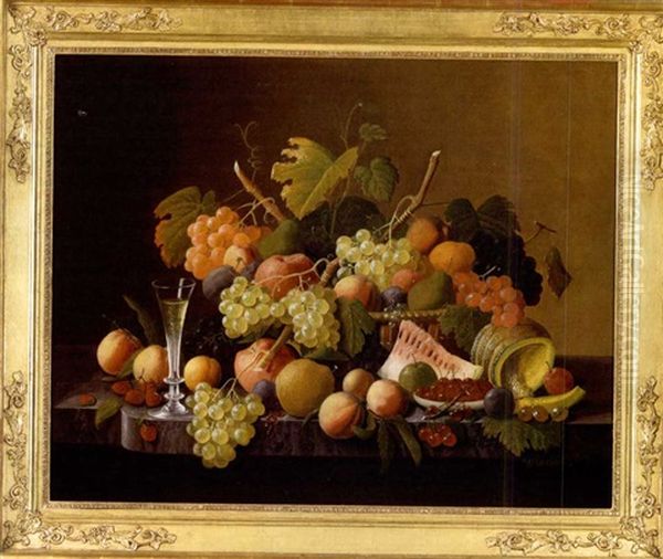 Still Life Of Fruit And A Champagne Flute On A Marble Slab Oil Painting by Severin Roesen