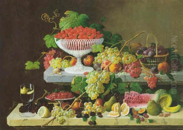 Still Life With Fruit And Strawberries In A Porcelain Compote Oil Painting by Severin Roesen