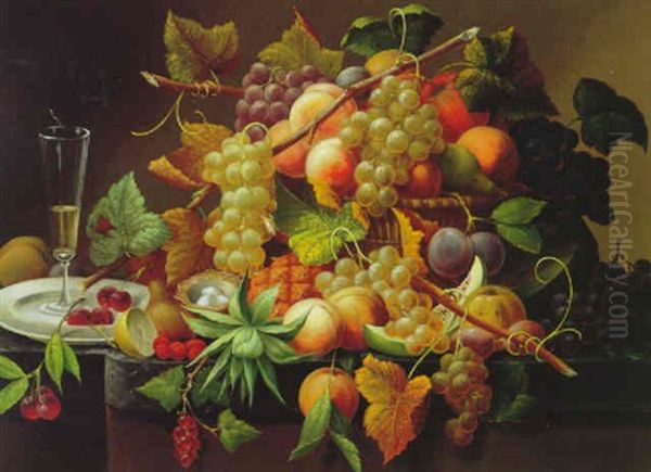 Still Life Of Grapes, Peaches, Plums And A Pineapple With A Glass Vase On A Marble Ledge Oil Painting by Severin Roesen