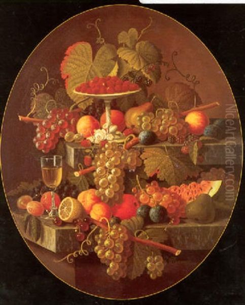 Tiered Still Life: Fruit, Wine Glass And Compote Oil Painting by Severin Roesen