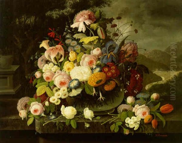 Still Life With Flowers In A Landscape Oil Painting by Severin Roesen