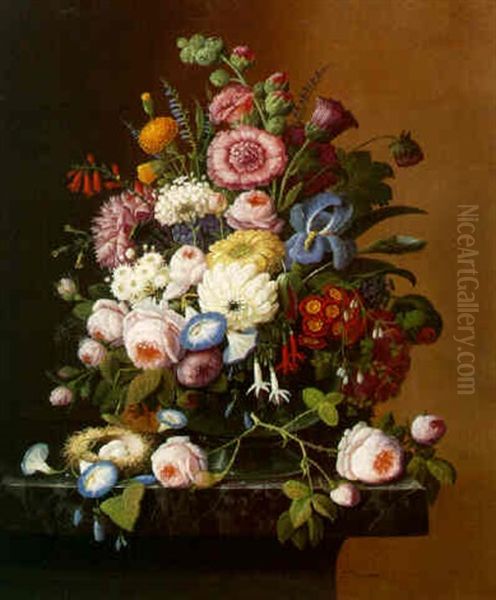 Still Life With Flowers And Nest Of Eggs Oil Painting by Severin Roesen