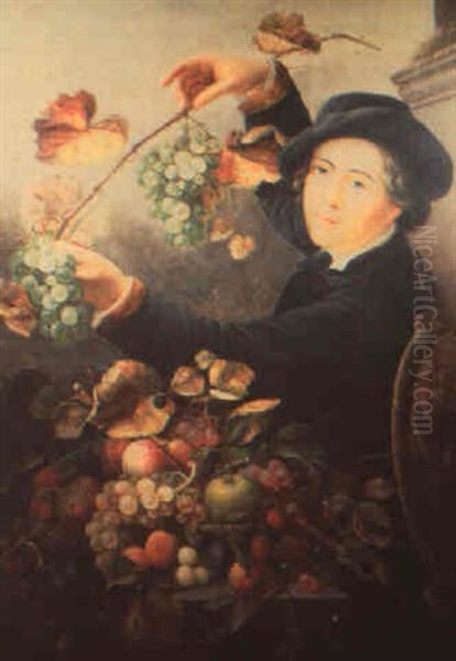 A Young Man Holding A Grapevine Behind A Basket Of Fruit Oil Painting by Severin Roesen