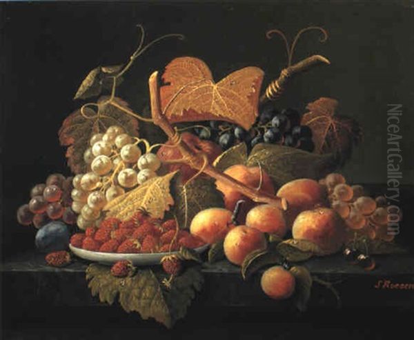 Still Life With Dish Of Strawberries, Peaches And Grapes Oil Painting by Severin Roesen