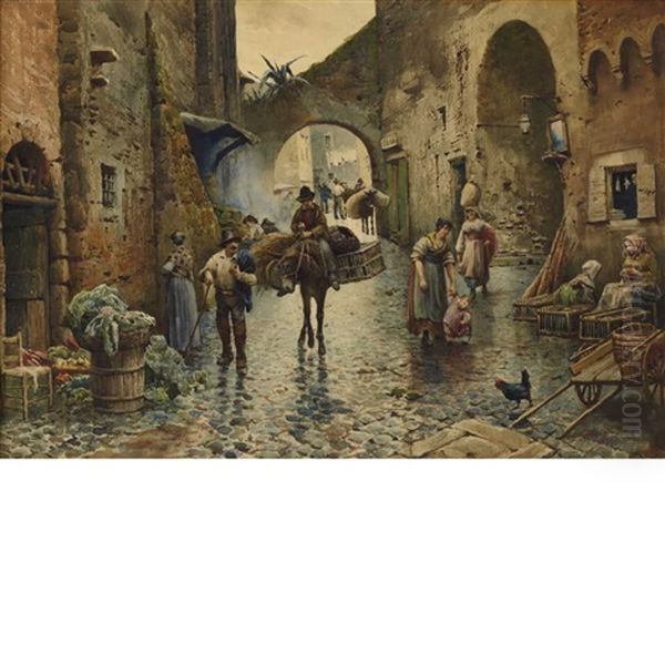 Tivoli Via Del Colonnato Scene Oil Painting by Ettore Roesler Franz