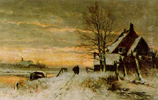 Winter Landscape With Figures Returning Home At Dusk Oil Painting by Gelaidus Johannes Roesmeester