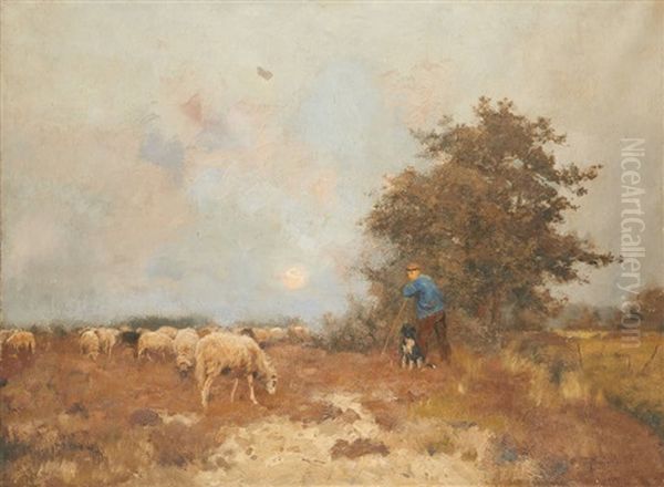 Berger Et Son Chien Au Coucher Du Soleil by Louis Albert Roessingh