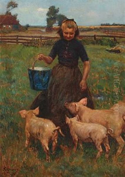 A Young Girl Feeding The Pigs Oil Painting by Louis Albert Roessingh