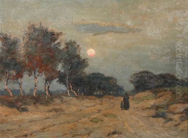 Personnages Se Promenant A La Fagne Au Coucher De Soleil by Louis Albert Roessingh