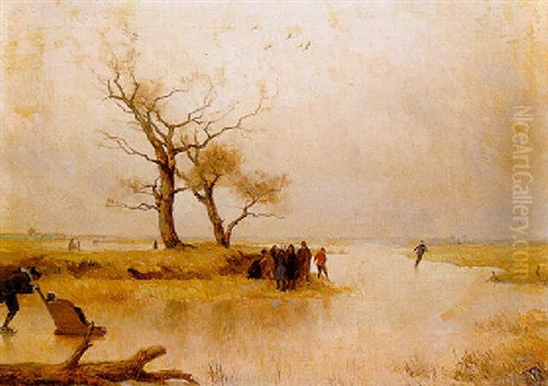 Winter Fun: A Skater Pushing A Sledge On A Frozen River Oil Painting by Louis Albert Roessingh