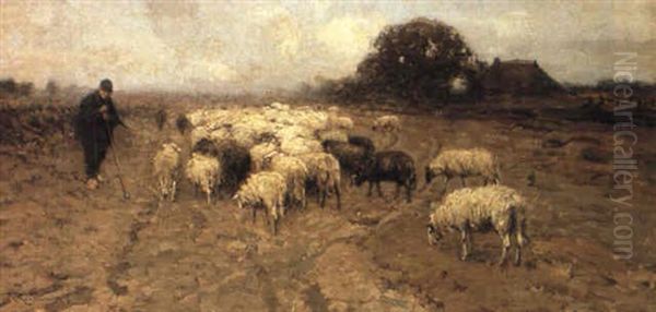 Herder Met Schapen In Landschap Te Dresden Oil Painting by Louis Albert Roessingh